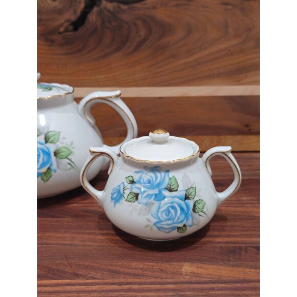 Vintage Blue Rose Shafford China Porcelain Tea Set - Teapot Sugar Bowl & Creamer - Picture 6 of 11